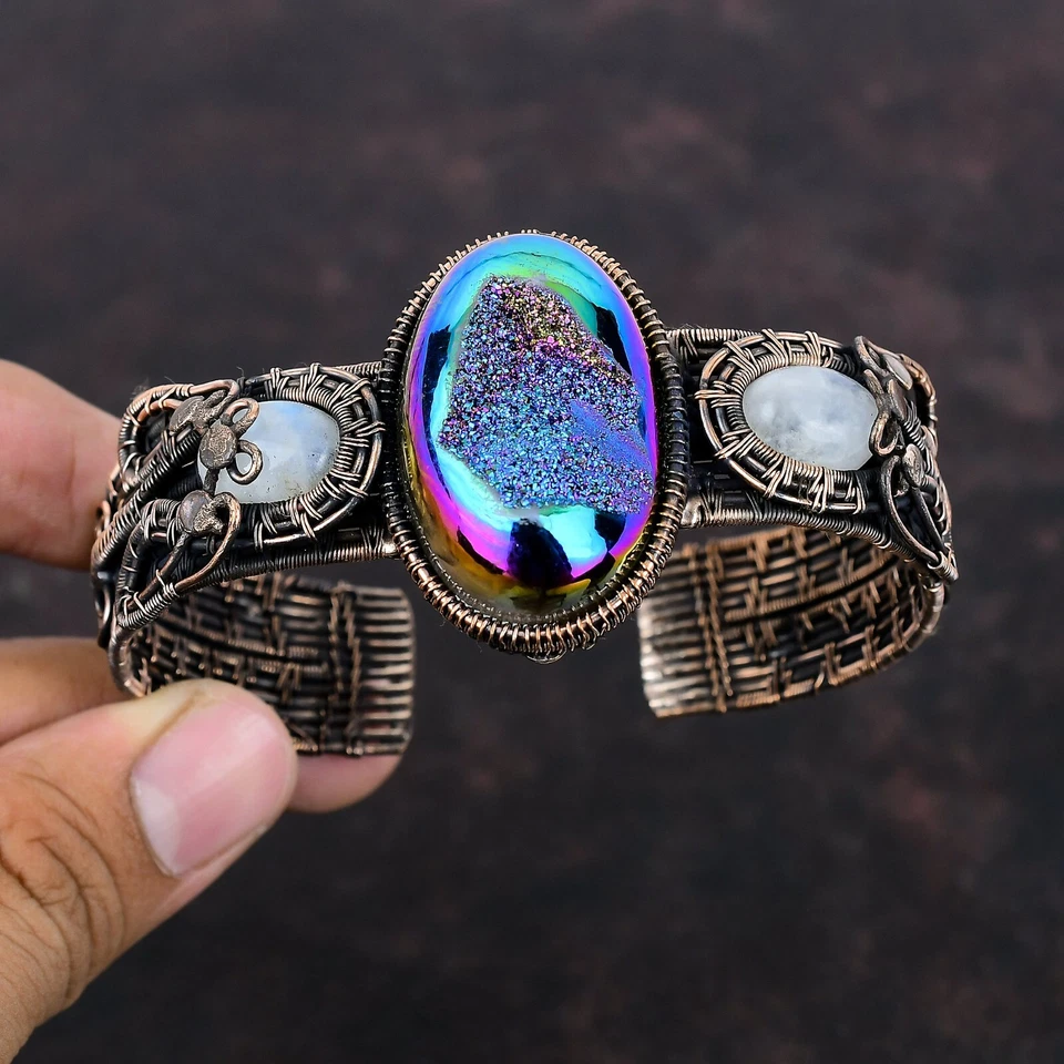 Gift For Her Titanium Druzy Wire Wrapped Adjustable Bangle Copper Jewelry - Image 2 of 4