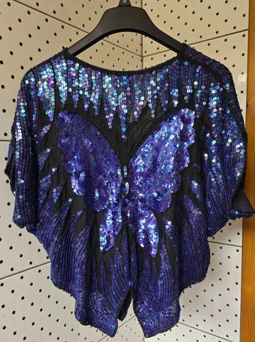 Vintage SUDI Crop Blue Pure Silk Embroidered BUTTERFLY Sequin Top Disco Diva -M - Picture 12 of 19