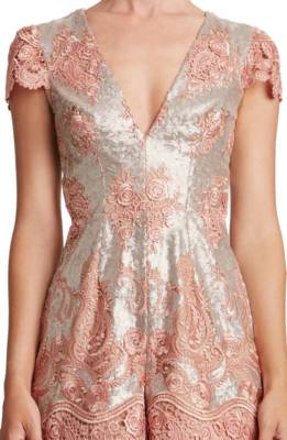 Dress The Population Women's Sabrina Lace and Sequin Romper - Pink Matte - Size M