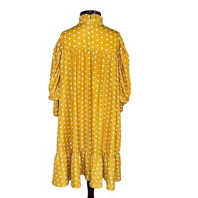 mustard yellow polka dot dress Boohoo Mustard Yellow Polkadot Puff Short Sleeve Ruffle Tier Dress size 16
