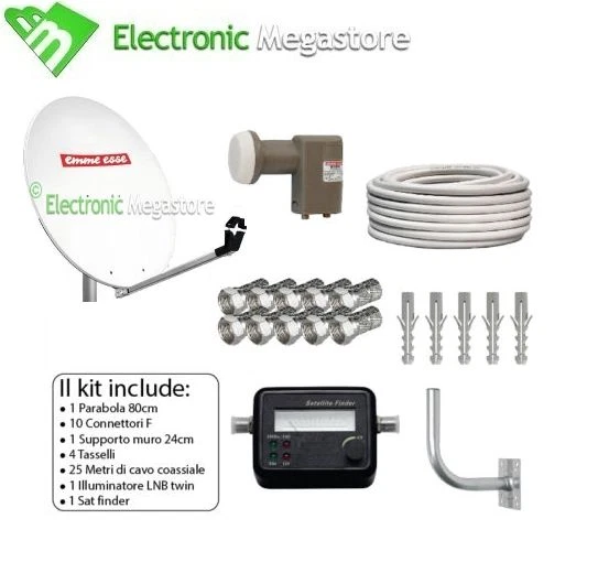 EMMEESSE KIT COMPLETO PARABOLA SATELLITARE 80 LNB TWIN STAFFA FINDER CAVO 5mm