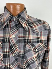 Vintage 80s Flannel Western Shirt Men Medium Slim Gray Plaid Pearl Snap Niver