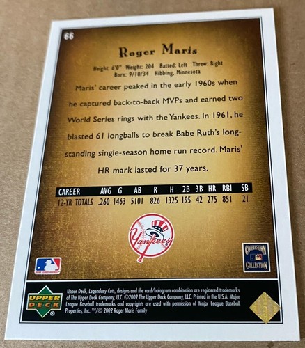 ROGER MARIS 2002 SP LEGENDARY CUTS #66 NM-MT Condition - Picture 2 of 2