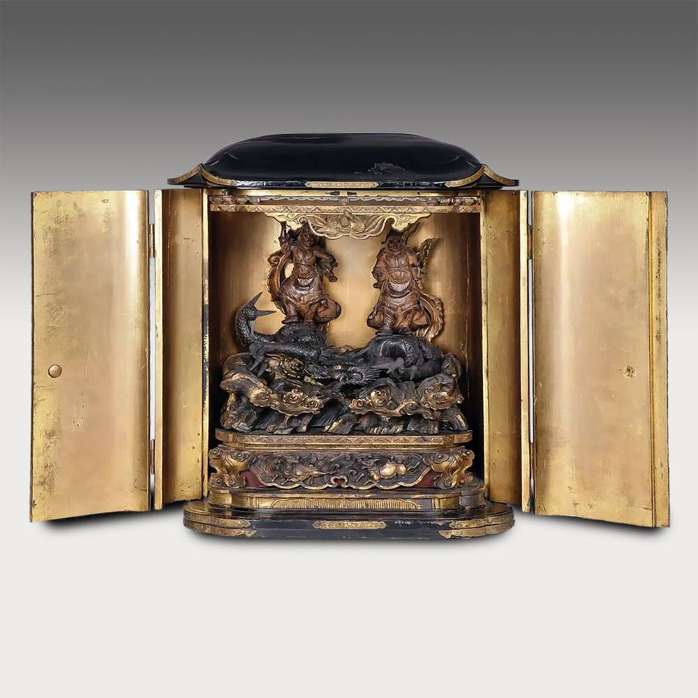 JAPANESE ZUSHI SHRINE DEITIES GILT AND POLYCHROME WOOD JAPAN EDO