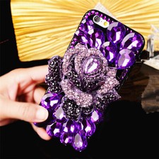 Women Rhinestone Bling Flower Diamond Crystal Rubber Clear Back Phone Case Cover