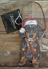 Wooden Dachshund Puppy Weiner Dog Christmas Scarf Hat Ornament Plaque Sign Wood
