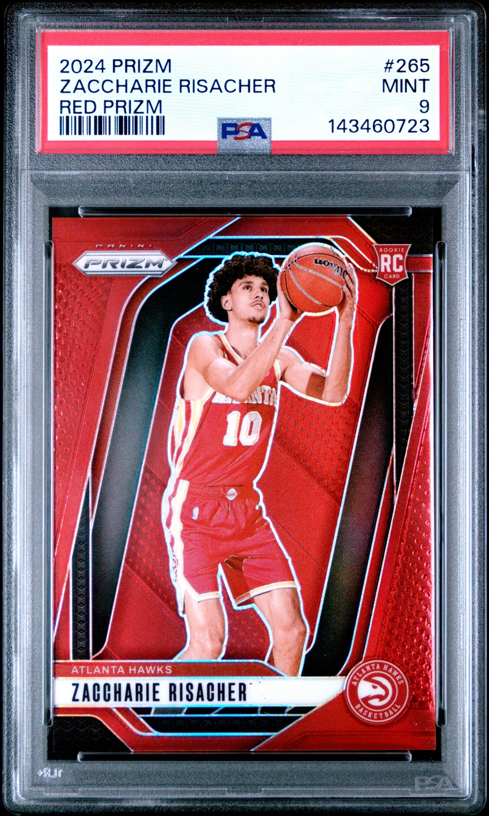 2024 Panini Prizm Red Prizm #/299 Zaccharie Risacher #265 Hawks SP RC PSA 9