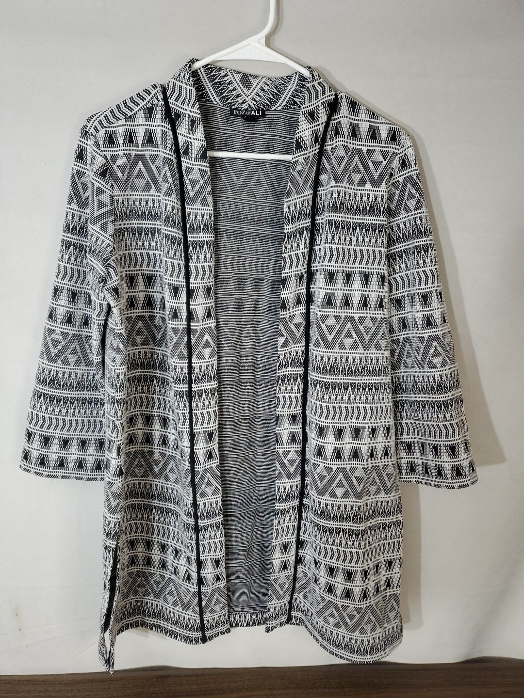ROZ & ALI Cardigan Women's Size Small Open Front Black/White 3/4 Sleeve Office