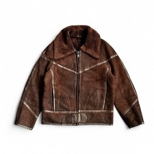 Mens vintage 1970s chocolate brown sheepskin shearling suede bomber jacket Large
