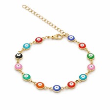 14K GOLD PLATED MULTICOLOR EVIL EYE ADULT BRACELET 7.5" FOR LUCK AND PROTECTION