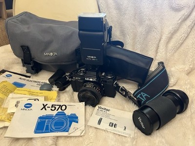 Minolta X-570 35MM Camera + Flash + Strap + Bag + 50Mm Lens+ Vivitar 70-210 Zoom