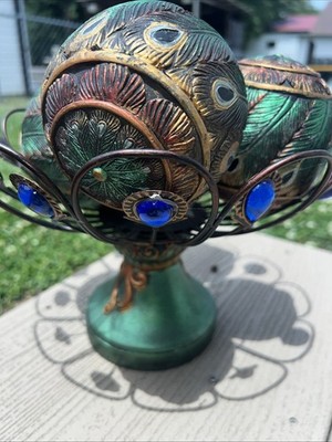 Peacock Decor And Bowl W/ Royal Blue On Bowl. Good Condition