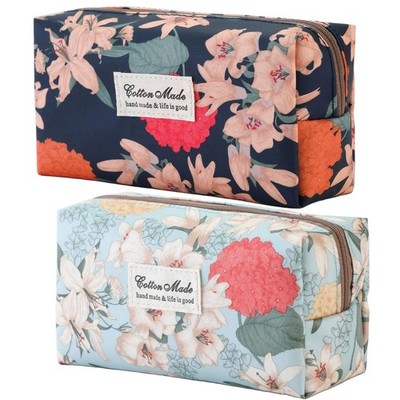KOTORA Makeup Bag For Women - Corduroy Floral Cosmetic Bags Dual-Blue 