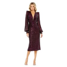 Mac Duggal 26866 Magenta Sequin Long Sleeve Plunge Midi Dress Size 14 398
