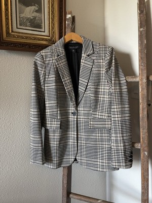 Rachel Zoe Houndstooth Longline Blazer Oversized Sm Black Cream Camel