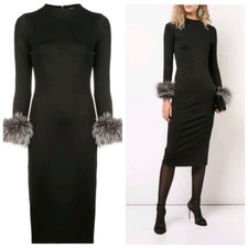 ALICE + OLIVIA Delora Fox Fur-cuff Sleeve Black Midi Dress. Size 4 $550