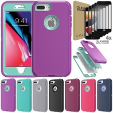 For Apple iPhone 8/8 Plus Phone Case Rugged Cover 3in1 Layers / Tempered Glass