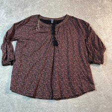 Chaps Floral Print Peasant Blouse Women's Large Red Tassel Tie Neck 3/4 Sleeve