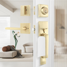 Stylish Gold Front Door Handle Deadbolt Set, Keyed Different, Reversible