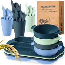24 Pcs Wheat Straw Dinnerware Cutlery Sets, Divided Plates Unbreakable Bowl M...