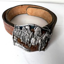 Vtg 1984 Bergamot Brass Works Western Indian Horse Belt Buckle Hand Tooled Belt