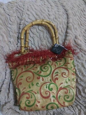 Womens Handbag Bamboo Handles Red Gold Glitter Print Handmade