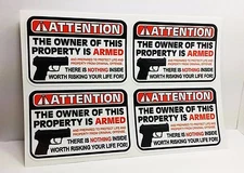 Owner is Armed Warning Security DECALS / Gun Firearm STICKERS 2" X 3" Sheet of 4
