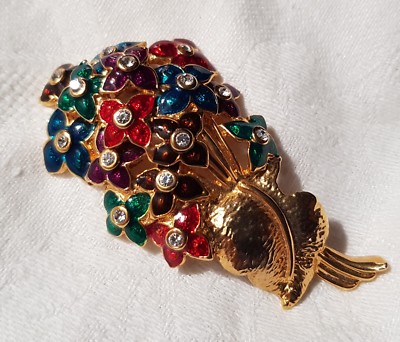 Broche Vintage Imposante Fleur En Métal Doré Filigrané - Perles Imitation - 10.5x5 Cm