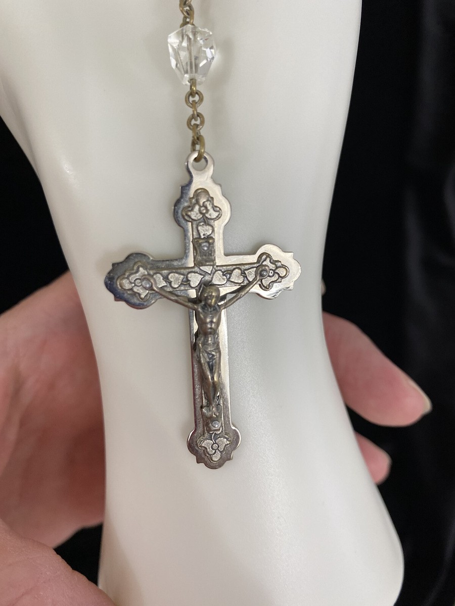 Vintage Sacred Heart Of Jesus Glass Bead Rosary Clear Tear Shaped Beads /r