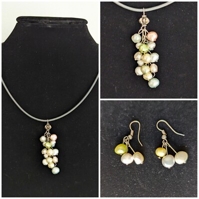 Artisan-Made Pastel Freshwater Pearls Cluster Necklace & Earrings - New