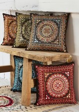 Copricuscino Indiano Rajasthan Cuscino Geometrico Ricamato 45x45cm 5 Colori