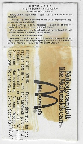 Student Guest Ticket Stub Virginia vs Navy Sept. 13 1980 Charlottesville Va - Picture 3 of 3