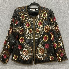 Lawrence Kazar Sequin Beaded Silk Jacket Vintage Large Black Cocktail Holiday