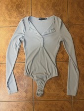PrettyLittleThing Gray One Piece Bodysuit Long Sleeve Button Stretch US 4