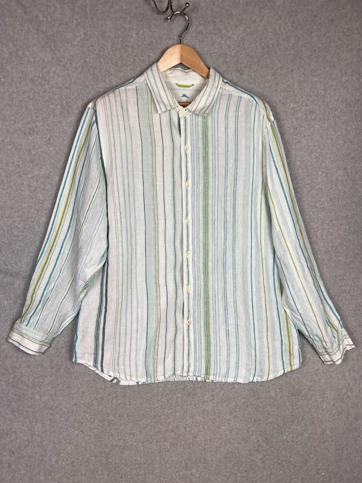 Tommy Bahama Shirt Men’s XL Linen Green Striped Button Up Long Sleeve Relax Fit