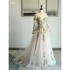 3D Flowers Applique Lace A-Line Wedding Dresses Off Shoulder Ruffles Bridal Gown