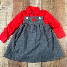 Vintage 4T Girls Folk Jumper Dress Set Red Shirt Heart Flower Applique