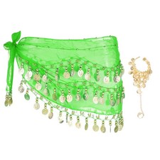 Belly Dance Hip Scarf 55x10" with 98 Gold Coin Bracelet, Light Green