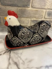 VTG Cracker Barrel Rooster/Chicken Butter Dish (2 pcs)-Susan Winget-8.25" L