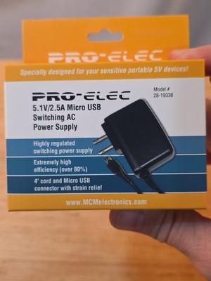 Pro-Elec 28-19338 5.1V 2.5A Micro USB AC Power Supply Raspberry Pi Compatible