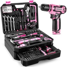 Pink Tool Kit Box Drill Set： Home Mechanic Toolbox with 12V Power Cordless Drill