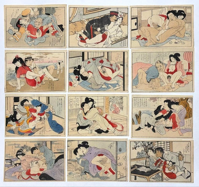 Vintage Shunga Paar Farbe Holzschnitt 12 Blatt Japanisch Traditionell