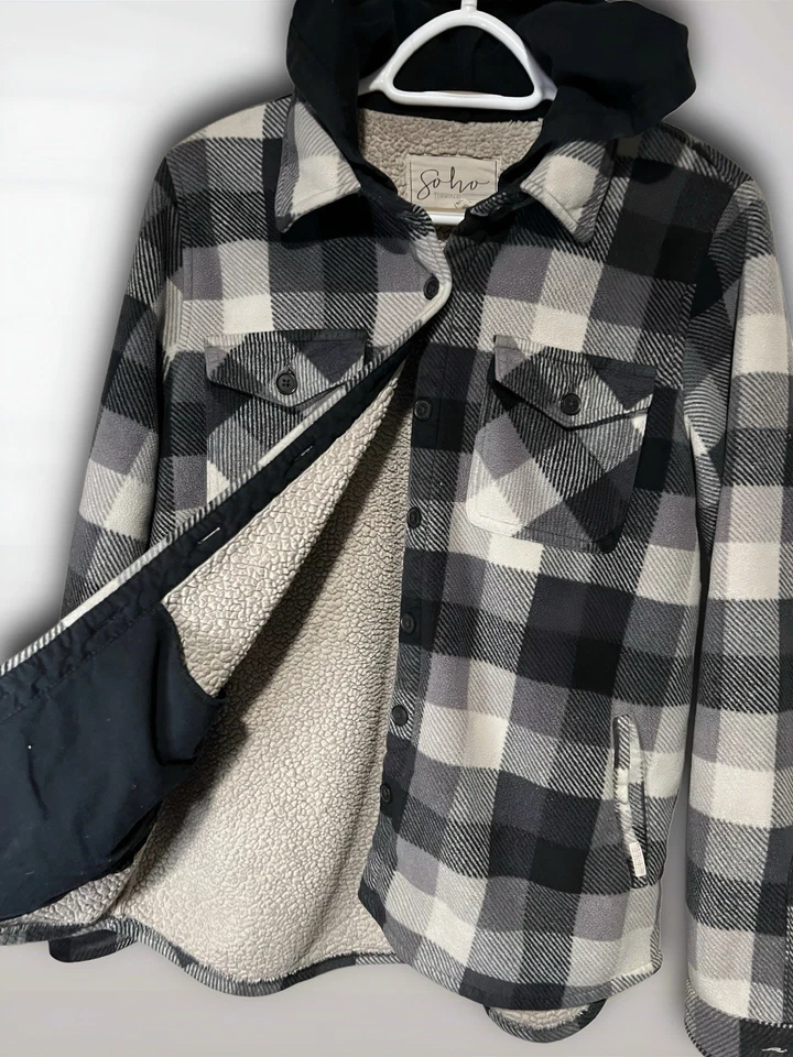 Soho Threads Sherpa Lined Hooded Plaid Flannel Jacket Shacket Black White - Image 2 of 3