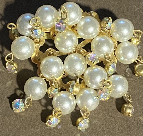 Brooch Vintage Faux Pearl AB Crystals Dangle Glamorous Costume Jewelry