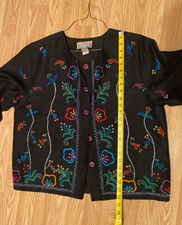 Life Style Black Embroidered Silk Multicolor Floral Long Sleeve Jacket M T21