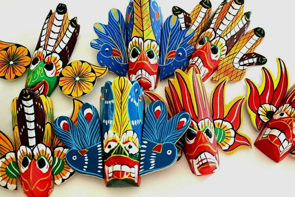 伝統的な木製マスク 多色 スリランカ Set of 4 Sri Lankan Handmade Traditional Tiki Wooden Mask 4