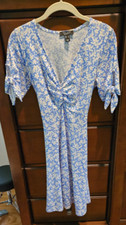 Maternity Blue Floral Tie Sleeve Tea Dress Daisies US 4 Sweetheart Neck