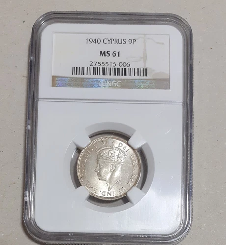 CYPRUS KING GEORGE VI- 9 PIASTERS 1940 NGC MS61 EXTRA FINE-2755516-006