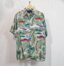 Vintage 90s Hawaiian Shirt Green Print Cars Hula Dancers Silk Men's Size S