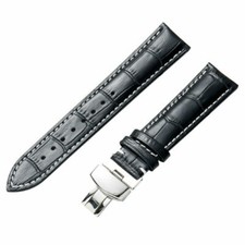 White Stitches Croco Grain Leather Watch Strap Deployment Clasp Black 12  24 mm